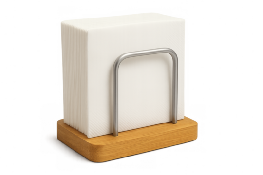 White paper napkins on wooden napkin holder with metal support on transparent background