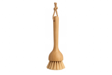 Wooden dish brush with hanging loop on transparent background