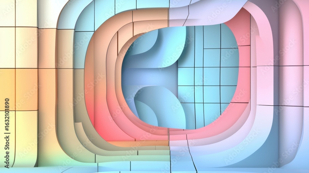 Poster abstract curved shapes with soft pastel colors and grid patterns
