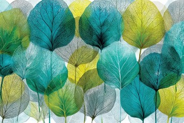 Abstract translucent leaves pattern, vibrant teal, green, yellow colors