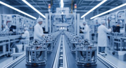 Fototapeta premium Array of gyrostabilized inertial navigation units lined up on conveyor belts in a highprecision aerospace manufacturing facility.