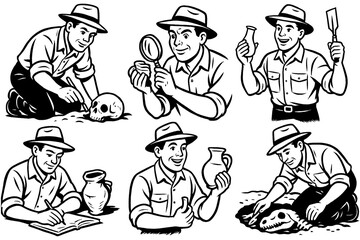 Archaeologists exploring artifacts and excavation in retro comic style, Transparent Background