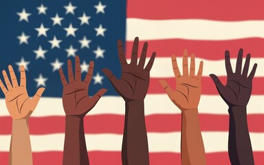 Celebrating women s equality day with diverse hands supporting the american flag. High quality