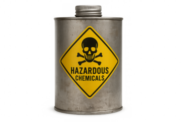 Hazardous chemicals warning sign on metal container with transparent background