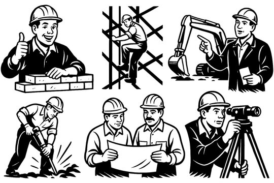 Construction workers and site activities in vintage retro comic style, Transparent Background
