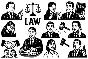 Retro lawyer and legal consultation scenes in vintage comic style, Transparent Background