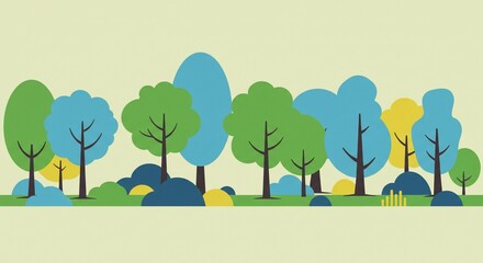 Stylized Forest Landscape with Blue, Green, and Yellow Trees on a Light Background