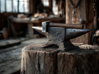 Blacksmith hammer rests on anvil in workshop; tools blurry background, job skill