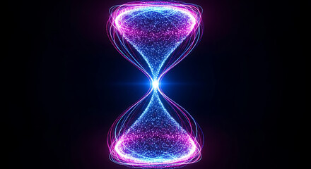 Abstract glowing hourglass made of blue and pink particles, symbolizing the passage of time and digital energy flow