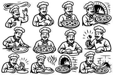 Retro pizza chef preparing and serving pizza in comic illustration style, Transparent Background