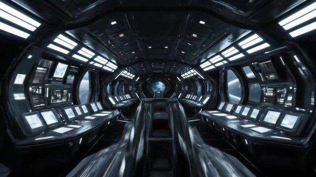 Dark spaceship interior. 360-degree panoramic reflection mapping of a futuristic spaceship. 4k video.