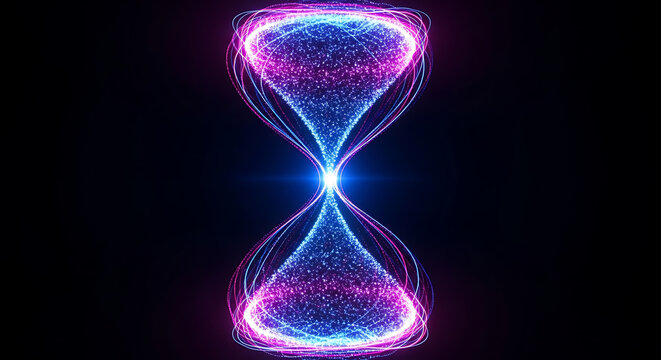 Abstract glowing hourglass made of blue and pink particles, symbolizing the passage of time and digital energy flow - Powered by Adobe