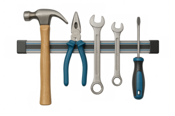 Magnetic tool holder organizing hand tools with transparent background