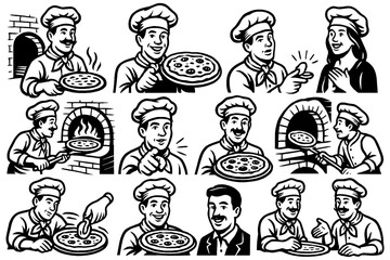 Retro pizza chef preparing and serving pizza in comic illustration style, Transparent Background