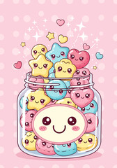 Cute Kawaii Candy Jar with Smiling Sweets and Hearts