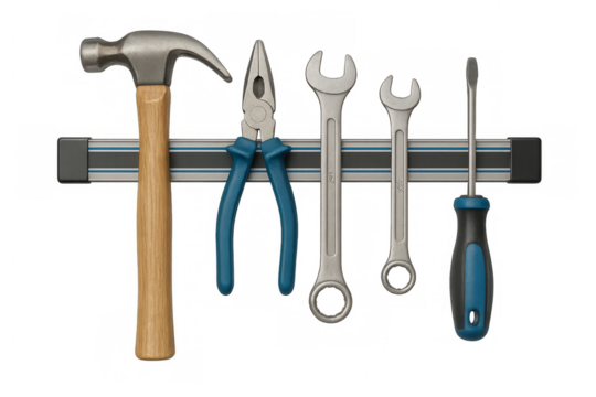 Magnetic tool holder organizing hand tools with transparent background