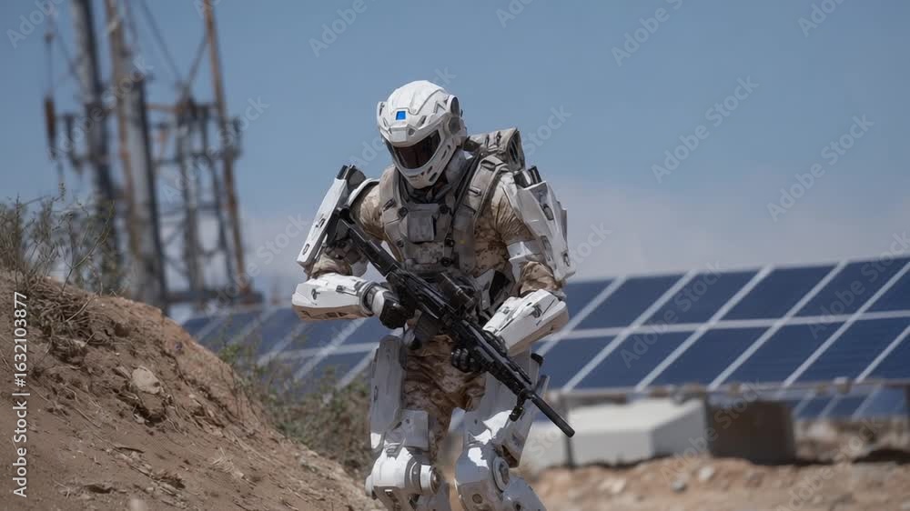 Poster exoskeleton suit recharging at base station for optimal deployment efficiency.