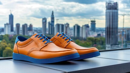 Stylish orange leather shoes with city skyline background view