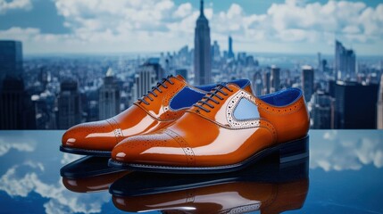 Elegant Orange Dress Shoes with Skyline View in Background