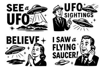 Retro UFO sightings with comic characters and flying saucer slogans, Transparent Background