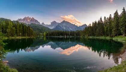 mountain landscape at sunset reflected in calm lake surrounded by lush green forest scenic view of nature and wilderness for travel and adventure enthusiasts