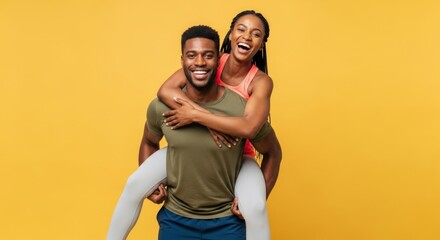 A joyful African American couple in activewear having fun. The strong man gives his happy girlfriend a piggyback ride on a yellow background.