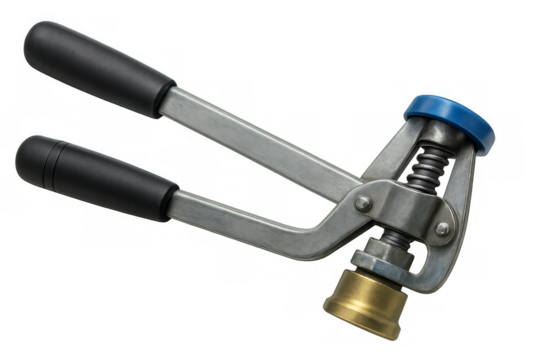 Hand-operated crimping tool with black handles and transparent background