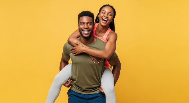 A joyful African American couple in activewear having fun. The strong man gives his happy girlfriend a piggyback ride on a yellow background.