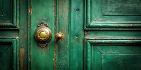 Fototapeta premium Intricate Brass Door Hardware on a Deep Green Wooden Door with Aged Patina