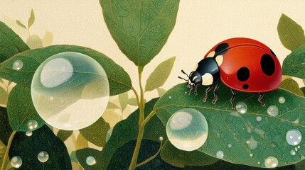 Ladybug on Green Leaf with Water Droplets in Soft Natural Light