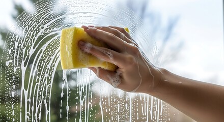 Window cleaning in progress, using a yellow sponge and soapy water, showcasing cleanliness