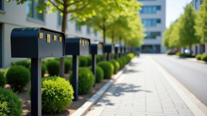 Modern Mailboxes Stand in Line Along Quiet, Leafy Urban Walkway