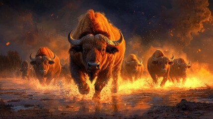 Majestic Bison Running Through Fiery Landscape at Sunset