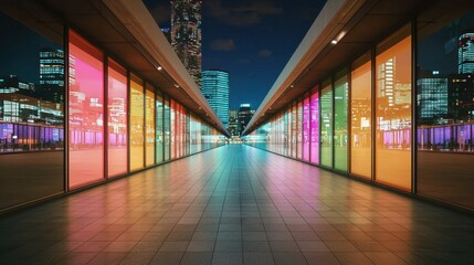 Urban Night View of Colorful Glass Facade with City Lights Reflections