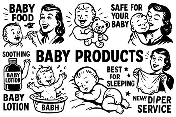 Retro comic scenes of baby care and products with mothers and infants, Transparent Background