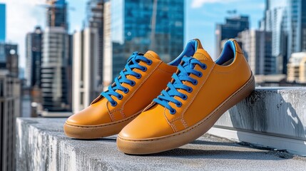Bright Orange Sneakers with Blue Laces Against City Skyline