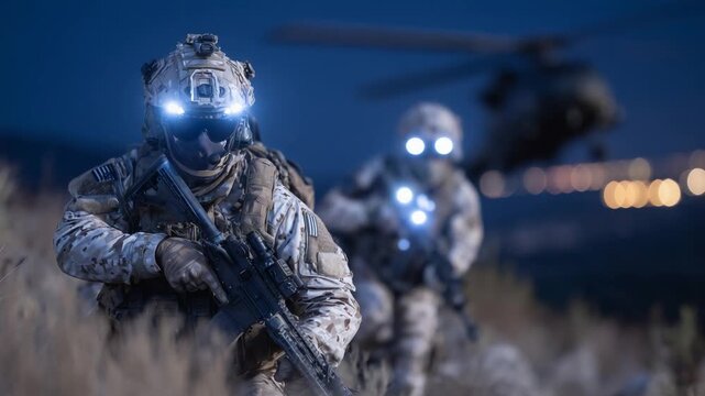 Elite special forces team conducts a night-time operation with glowing NVGs after helicopter deployment.