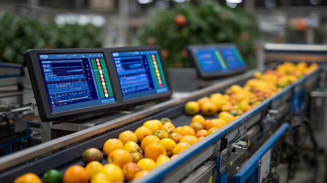AI-driven fruit sorting line with real-time data displays analyzes citrus size, color, and defects.
