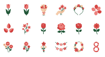 Floral elements for Women&rsquo;s Day flat icon set pastel