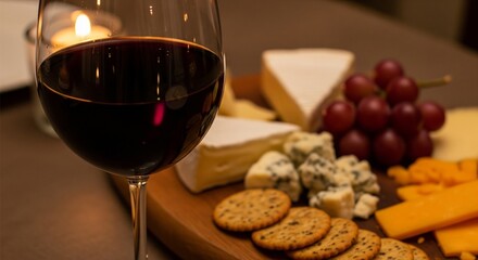 Glass of red wine with reflections of candlelight, next to a cheese board with grapes and crackers