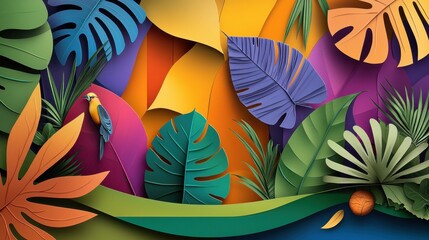 Vibrant Paper Cut Tropical Leaves and Bird Design in Bright Colors