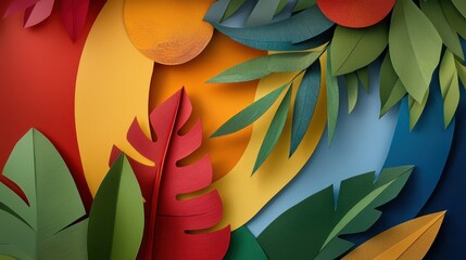 Vibrant Paper Cut Leaves and Shapes in Tropical Color Palette