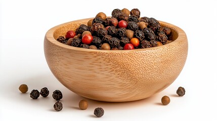 Mixed Peppercorns in Wooden Bowl for Culinary Use and Spice Blends