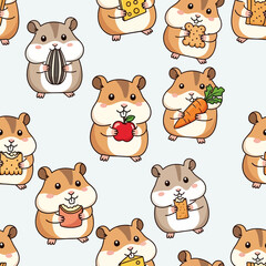 Kawaii hamsters with food seamless pattern