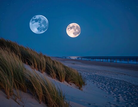 Beach dunes under a double moon at night
