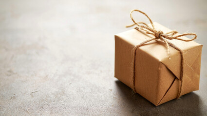 A close-up shot of a small, square gift box wrapped in kraft paper and tied with natural jute twine.