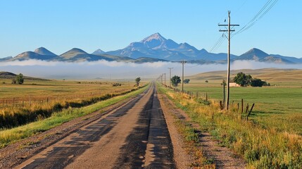 Serene Rural Road Leading to Majestic Mountain Landscape at Dawn