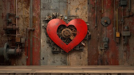 Red Heart Sculpture on Grungy Wall with Industrial Elements
