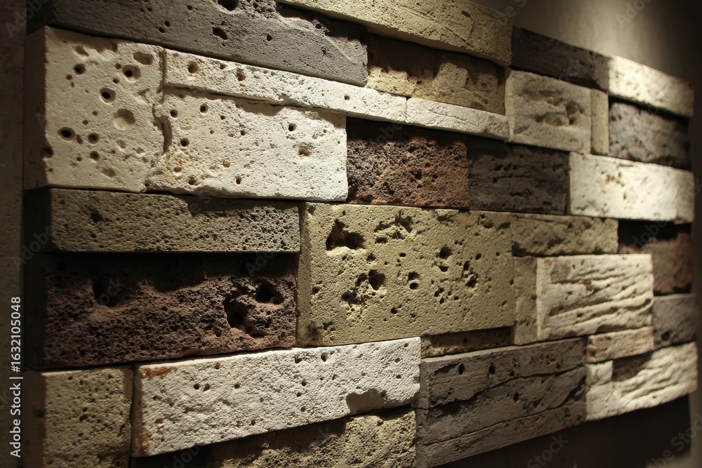 Poster close-up of a textured stone wall with varied blocks in natural earth tones, creating a rustic patte