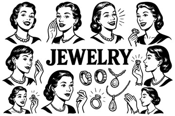 Retro women modeling fine jewelry with vintage comic slogans, Transparent Background